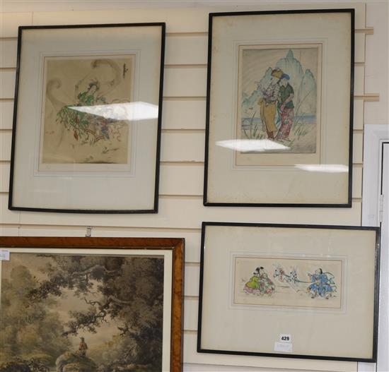 Elyse Ashe-Lord, three coloured drypoint etchings, Oriental figures, all signed in pencil and numbered, largest 37 x 30cm